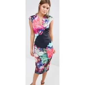 Ted Baker Brynee Black Floral Dress Cap Sleeve V Neck Sheath Sz 2 US (0 Ted)